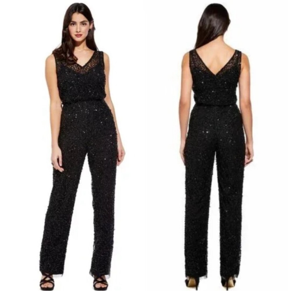 Adrianna Papell Black Sequin Beaded Illusion Jumpsuit 4